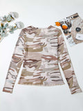 Camouflage Print Mesh Long Sleeve Top - Trendsi - Flyclothing LLC