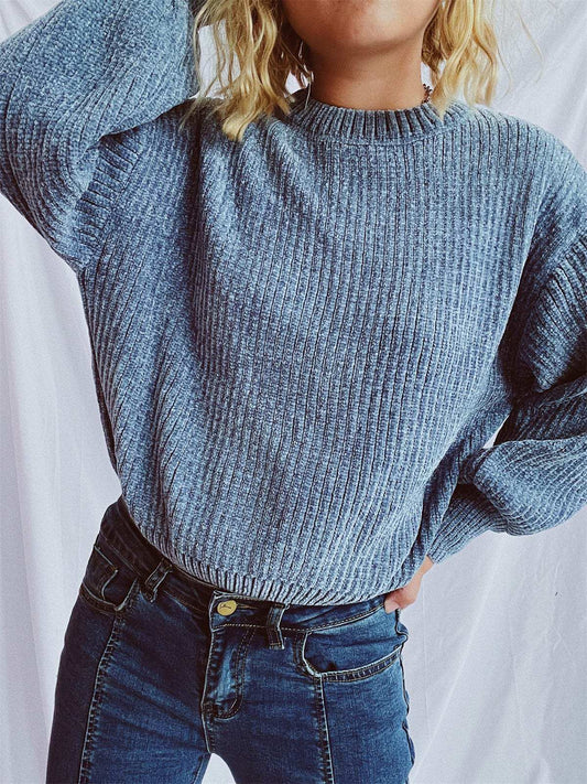 Round Neck Dropped Shoulder Long Sleeve Sweater - Trendsi - Flyclothing LLC
