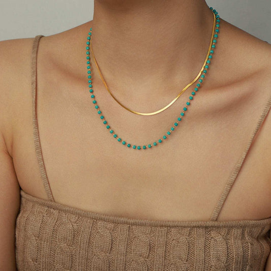 Turquoise Titanium Steel Double-Layered Necklace - Trendsi - Flyclothing LLC