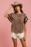 BiBi Leopard Crochet Trim Round Neck Short Sleeve Top - Trendsi - Flyclothing LLC