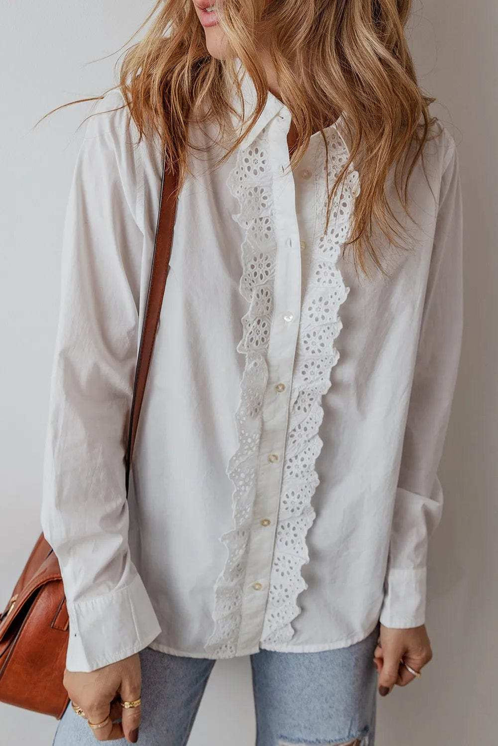 Eyelet Button Down Long Sleeve Shirt - Trendsi - Flyclothing LLC
