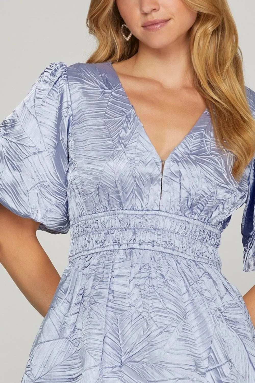 She + Sky Crinkle Woven V-Neck Balloon Sleeve Mini Dress - Trendsi - Flyclothing LLC