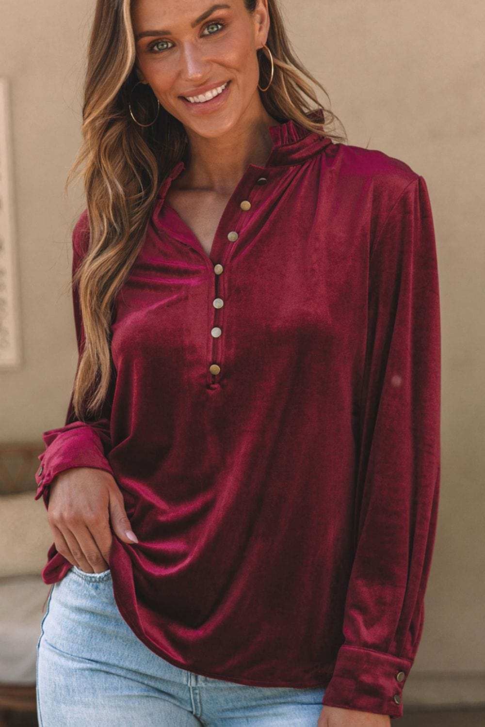 Frill Half Button Mock Neck Long Sleeve Blouse - Trendsi - Flyclothing LLC