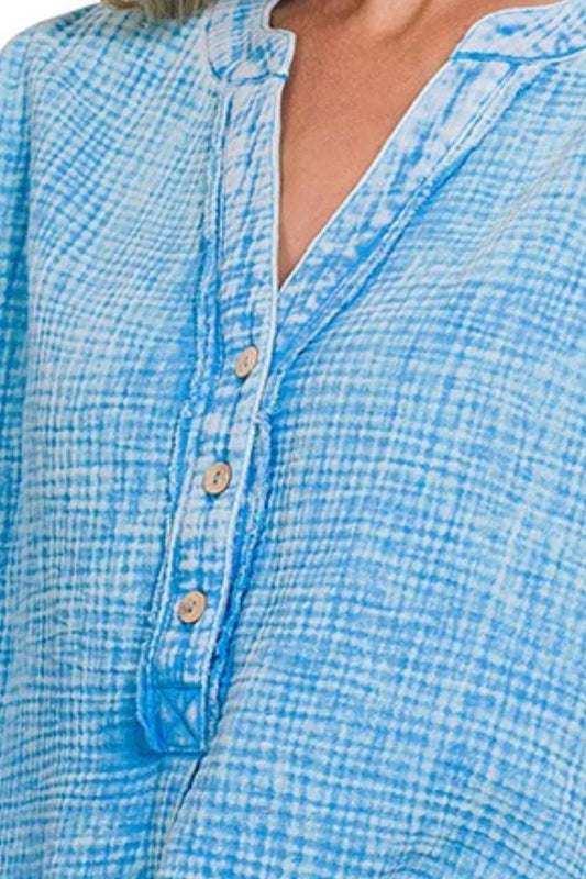 Zenana Washed Double Gauze 3/4 Button Henley Neck Shirt - Trendsi - Flyclothing LLC