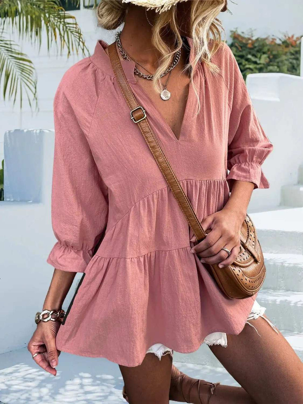 Ruffled Notched Three-Quarter Sleeve Blouse - Trendsi - Flyclothing LLC