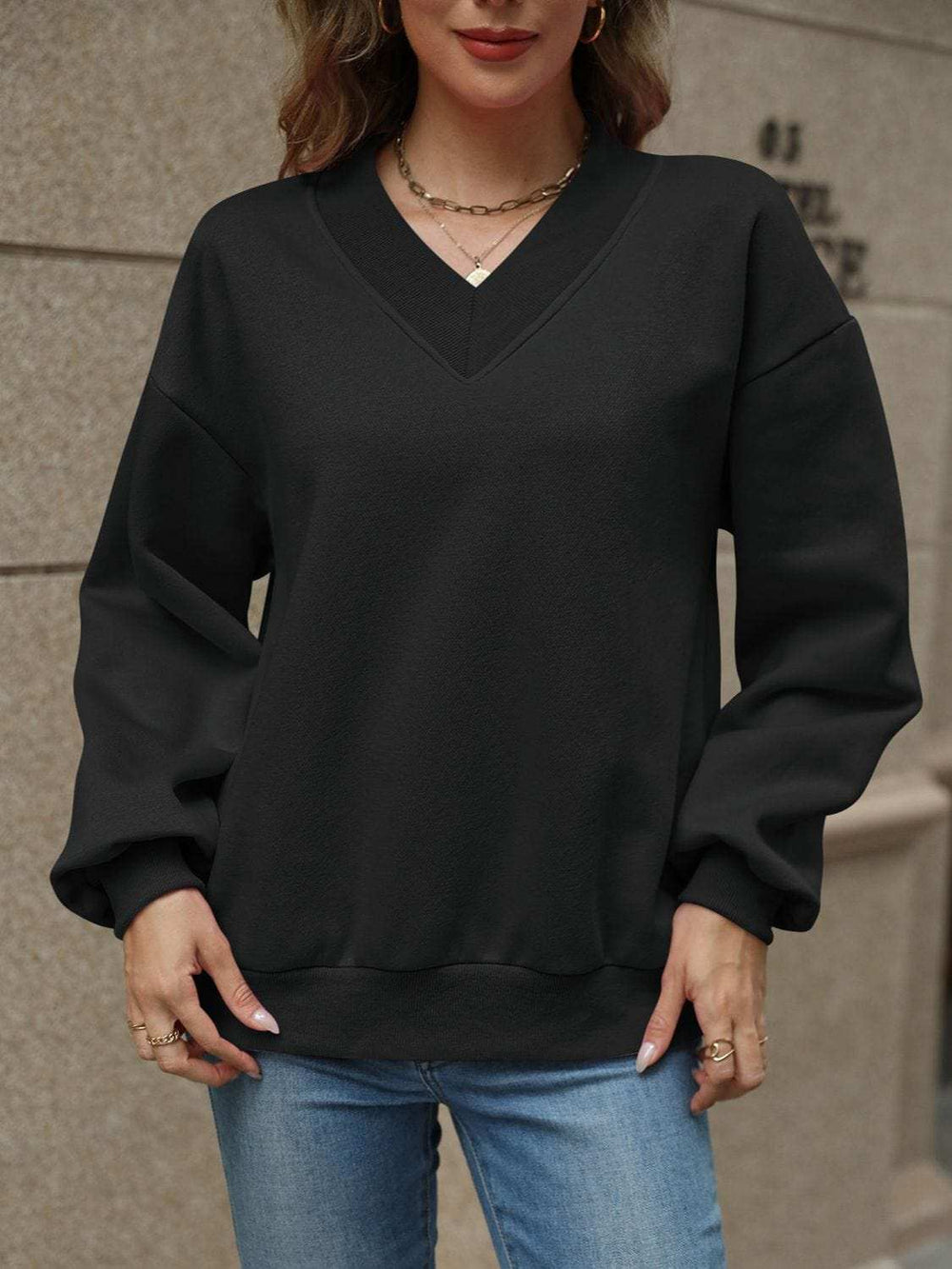 V-Neck Long Sleeve Dropped Shoulder Sweatshirt - Trendsi - Flyclothing LLC