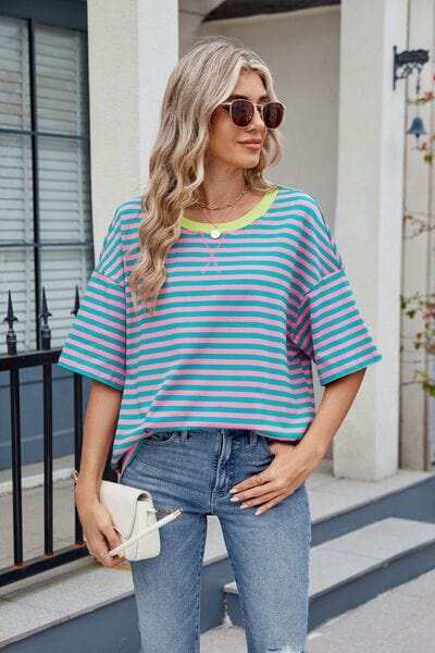 Contrast Striped Round Neck Half Sleeve T-Shirt - Trendsi - Flyclothing LLC