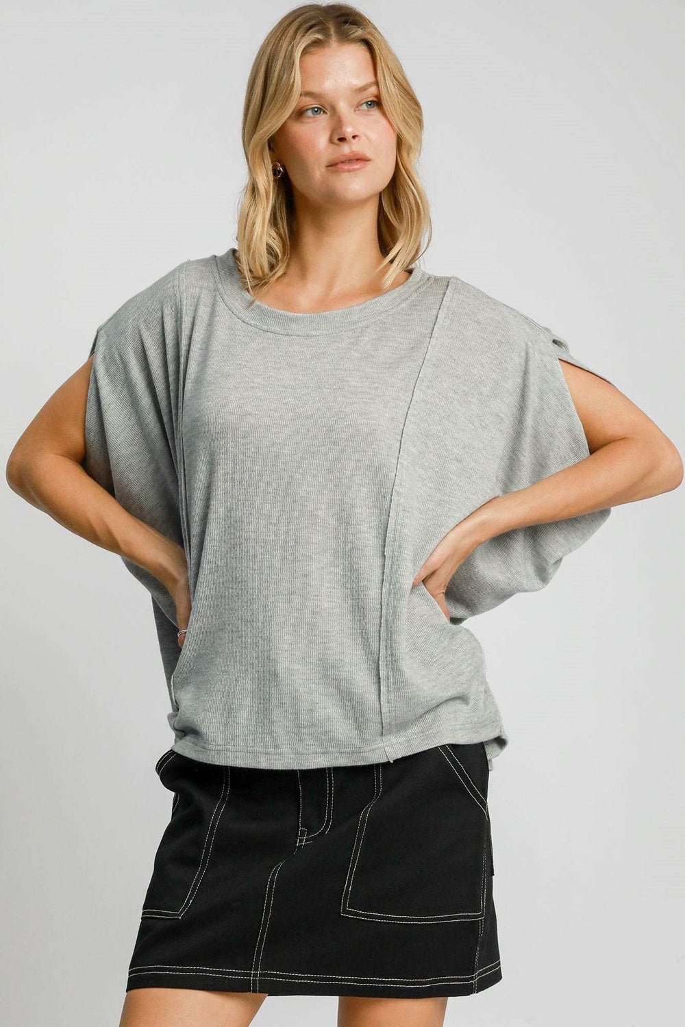Umgee Exposed Seam Round Neck Batwing Sleeve Knit Top - Trendsi - Flyclothing LLC