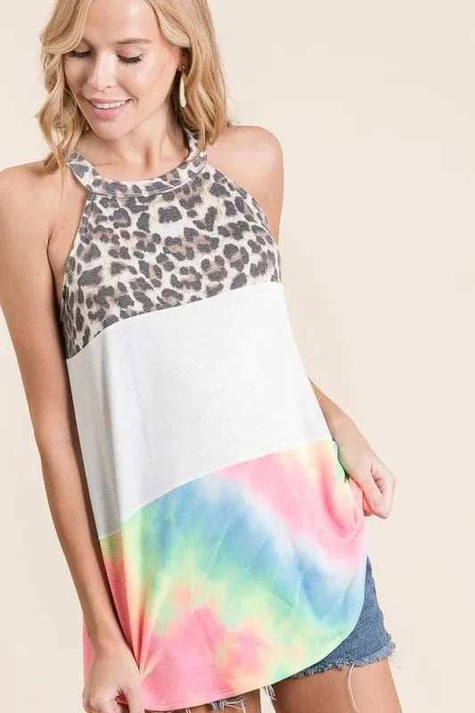BiBi Leopard and Tie Dye Block Halter Neck Top - Trendsi - Flyclothing LLC