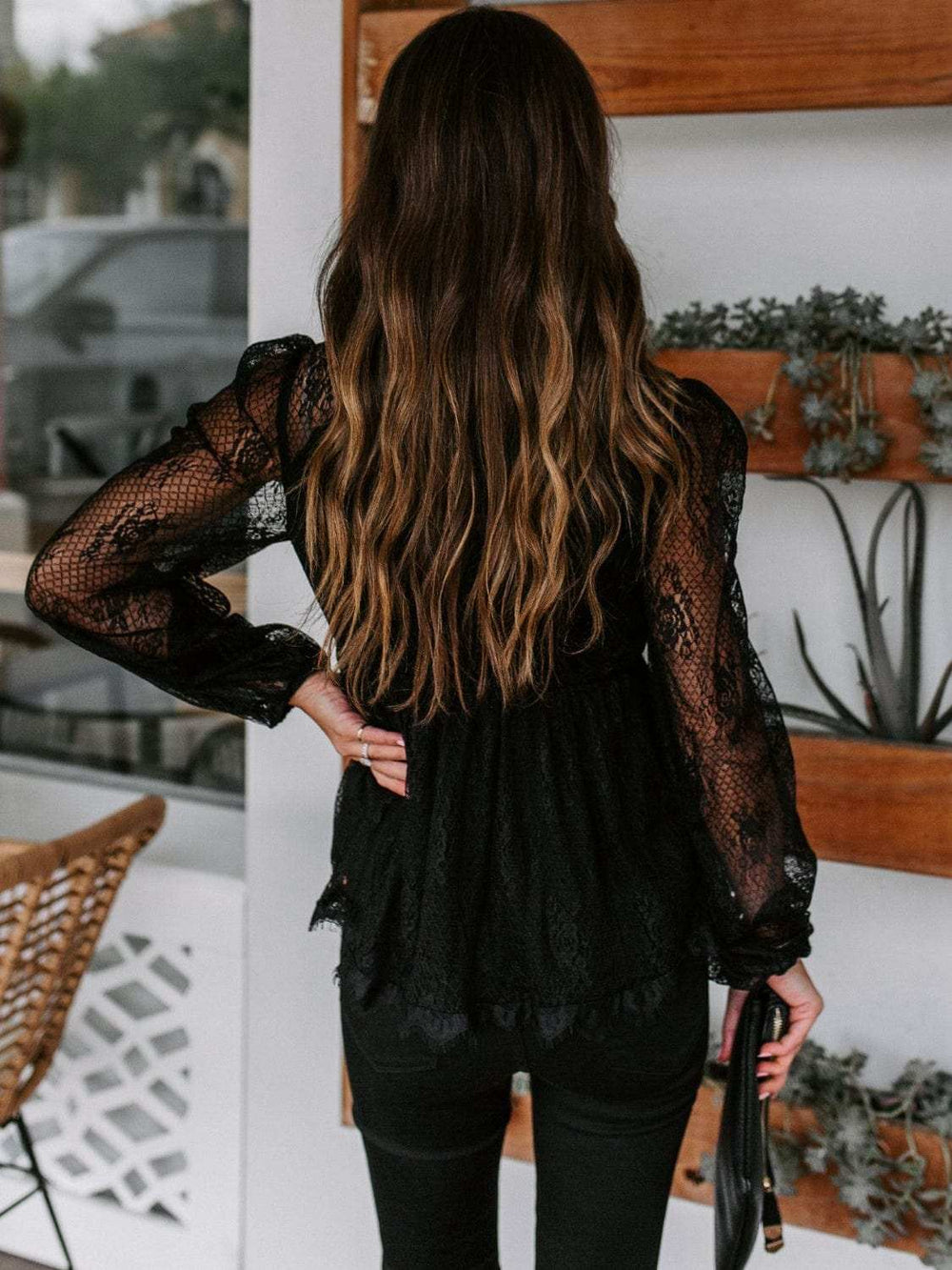 Lace Detail Plunge Long Sleeve Blouse - Trendsi - Flyclothing LLC