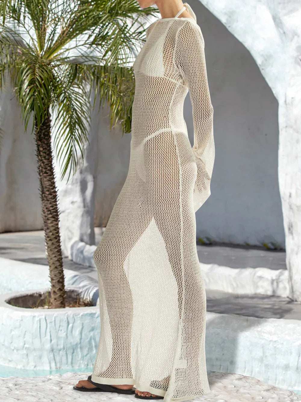 Openwork Backless Flare Sleeve Cover-Up Dress - Trendsi - Flyclothing LLC