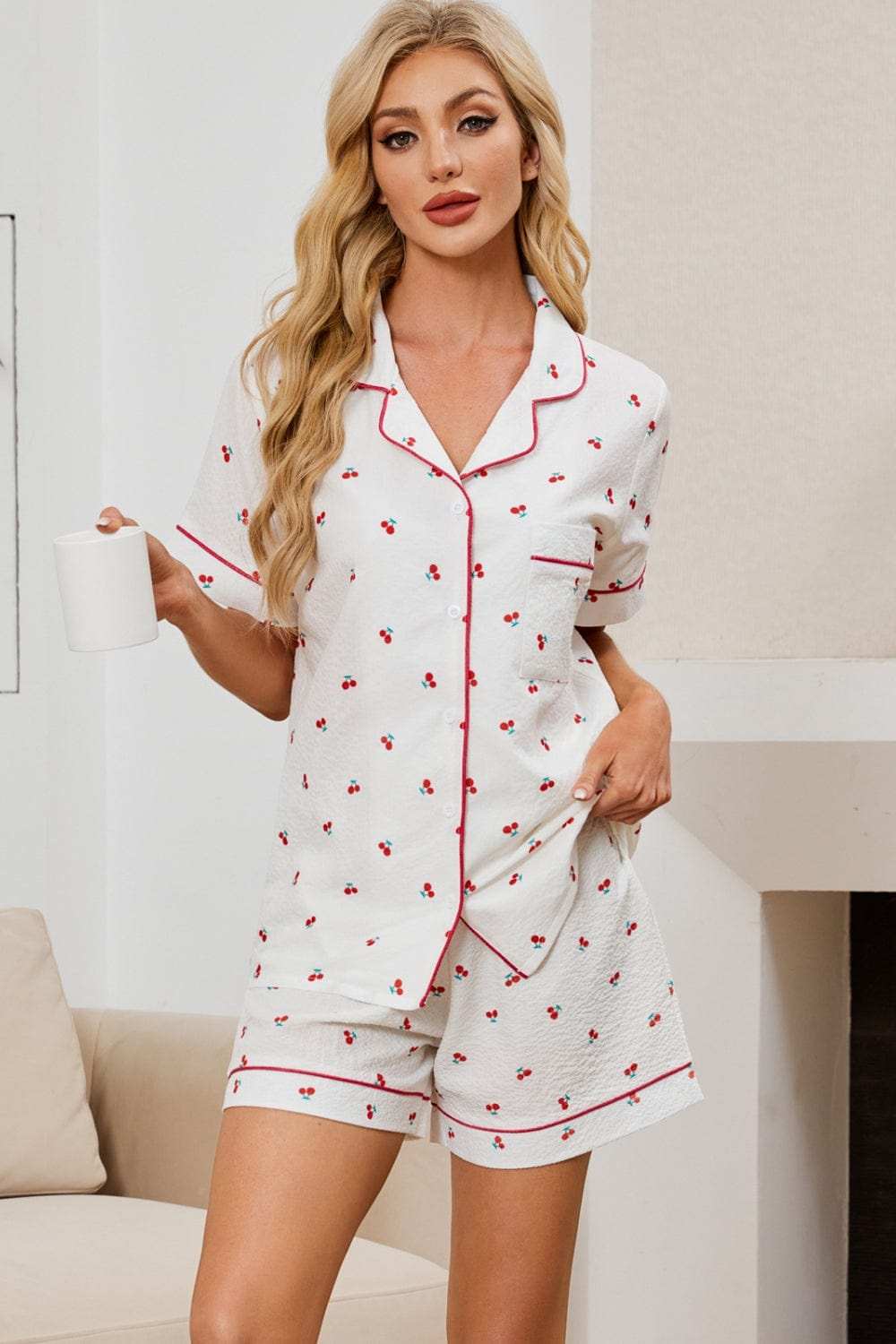 Cheery Print Collared Neck Top and Shorts Lounge Set - Trendsi - Flyclothing LLC