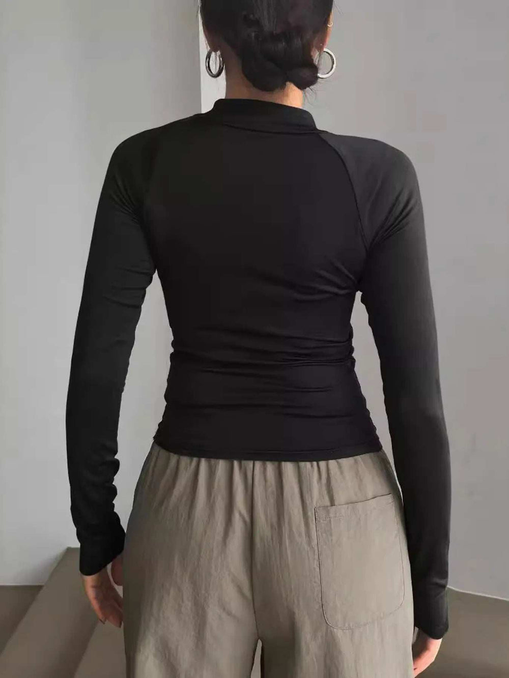 Long Sleeve Zip Front Fitted T-Shirt - Trendsi - Flyclothing LLC