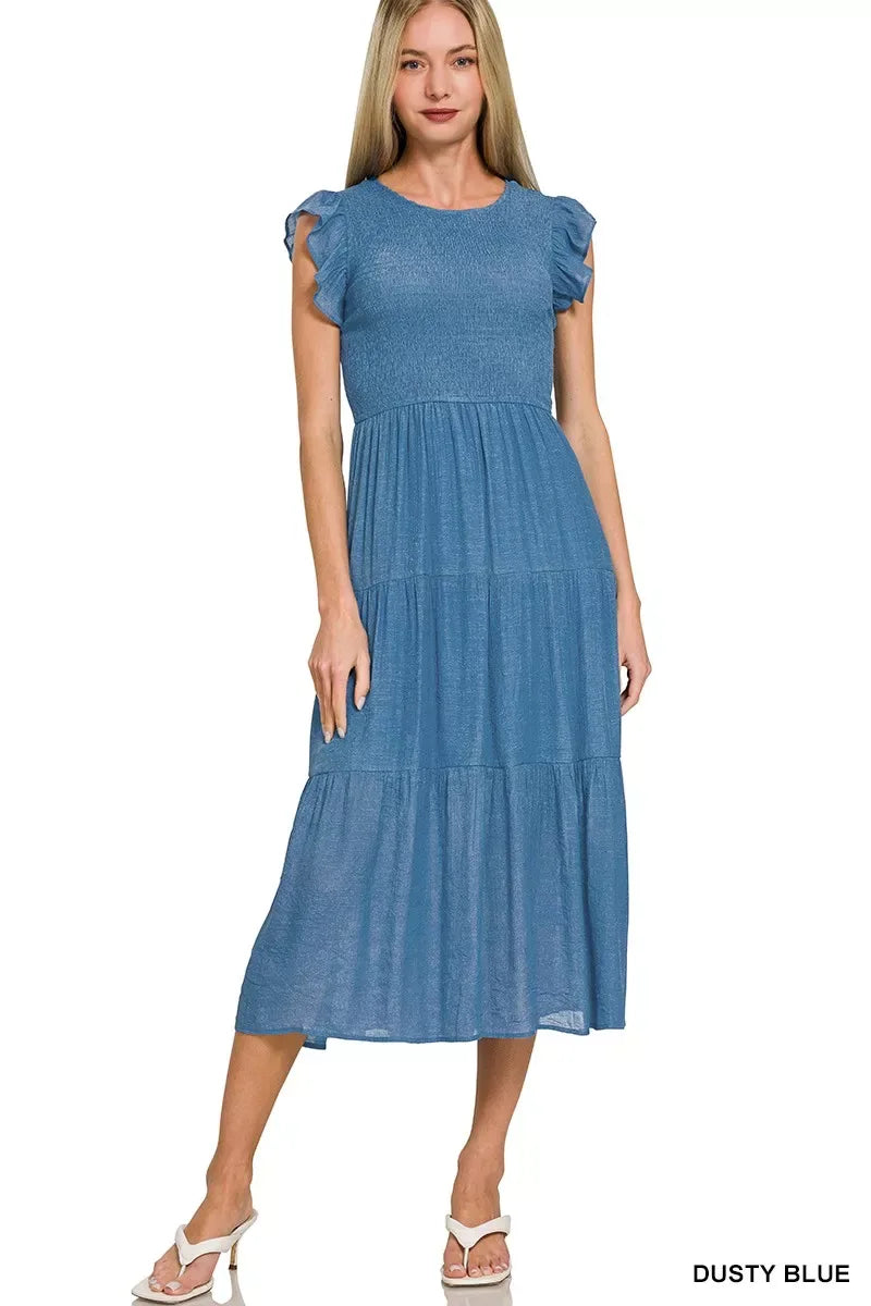 Zenana Woven Smocked Ruffle Sleeve Midi Dress - Trendsi - Flyclothing LLC