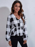Ruched Printed V-Neck Long Sleeve Blouse - Trendsi - Flyclothing LLC