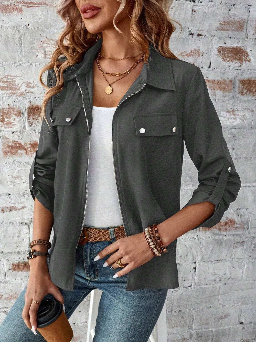 Zip Up Collared Neck Roll-Tab Sleeve Jacket - Trendsi - Flyclothing LLC