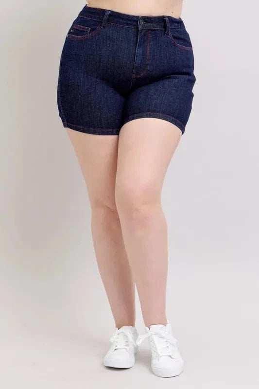 Judy Blue Full Size High Waist Heart Shaped Pkts & Red Contrast Thread Denim Shorts Plus Size - Trendsi - Flyclothing LLC
