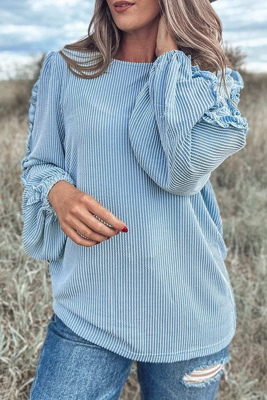 Frill Texture Round Neck Long Sleeve Sweatshirt - Trendsi - Flyclothing LLC