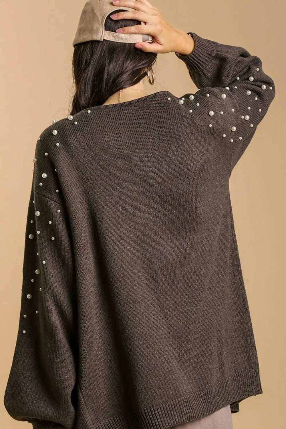 Umgee Full Size Open Front Cardigan with Long Sleeve Pearl Details Plus Size - Trendsi - Flyclothing LLC