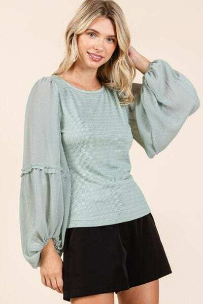 Mittoshop Mixed Media Textured Knit Chiffon Long Sleeve Top - Trendsi - Flyclothing LLC