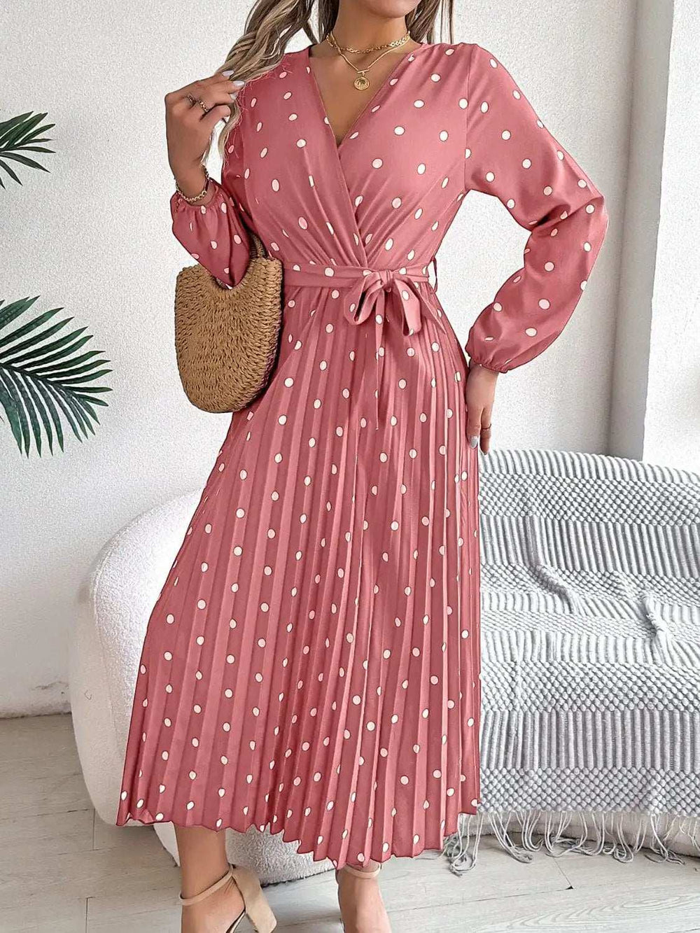 Tied Polka Dot Long Sleeve Midi Dress - Trendsi - Flyclothing LLC