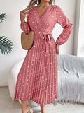 Tied Polka Dot Long Sleeve Midi Dress - Trendsi - Flyclothing LLC
