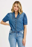RISEN Button Down Puff Sleeve Crop Denim Shirt - Trendsi - Flyclothing LLC