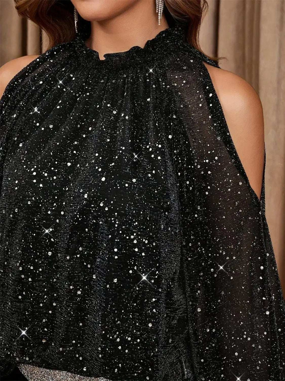 Frill Mock Neck Cold Shoulder Blouse - Trendsi - Flyclothing LLC