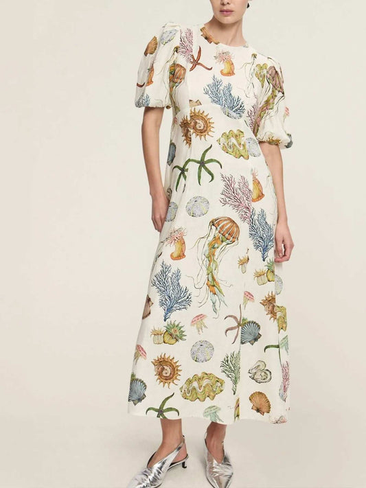 Printed Round Neck Puff Sleeve Dress - Trendsi - Flyclothing LLC