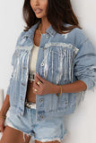 Sequin Fringe Trim Distressed Button Up Denim Jacket - Trendsi - Flyclothing LLC