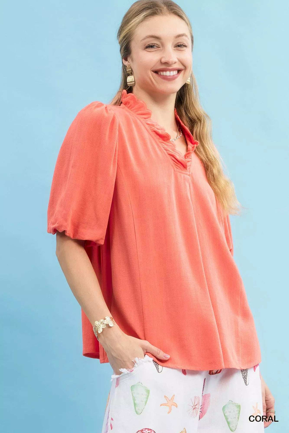 Umgee Linen Scallop Trim V-Neck Blouse - Trendsi - Flyclothing LLC
