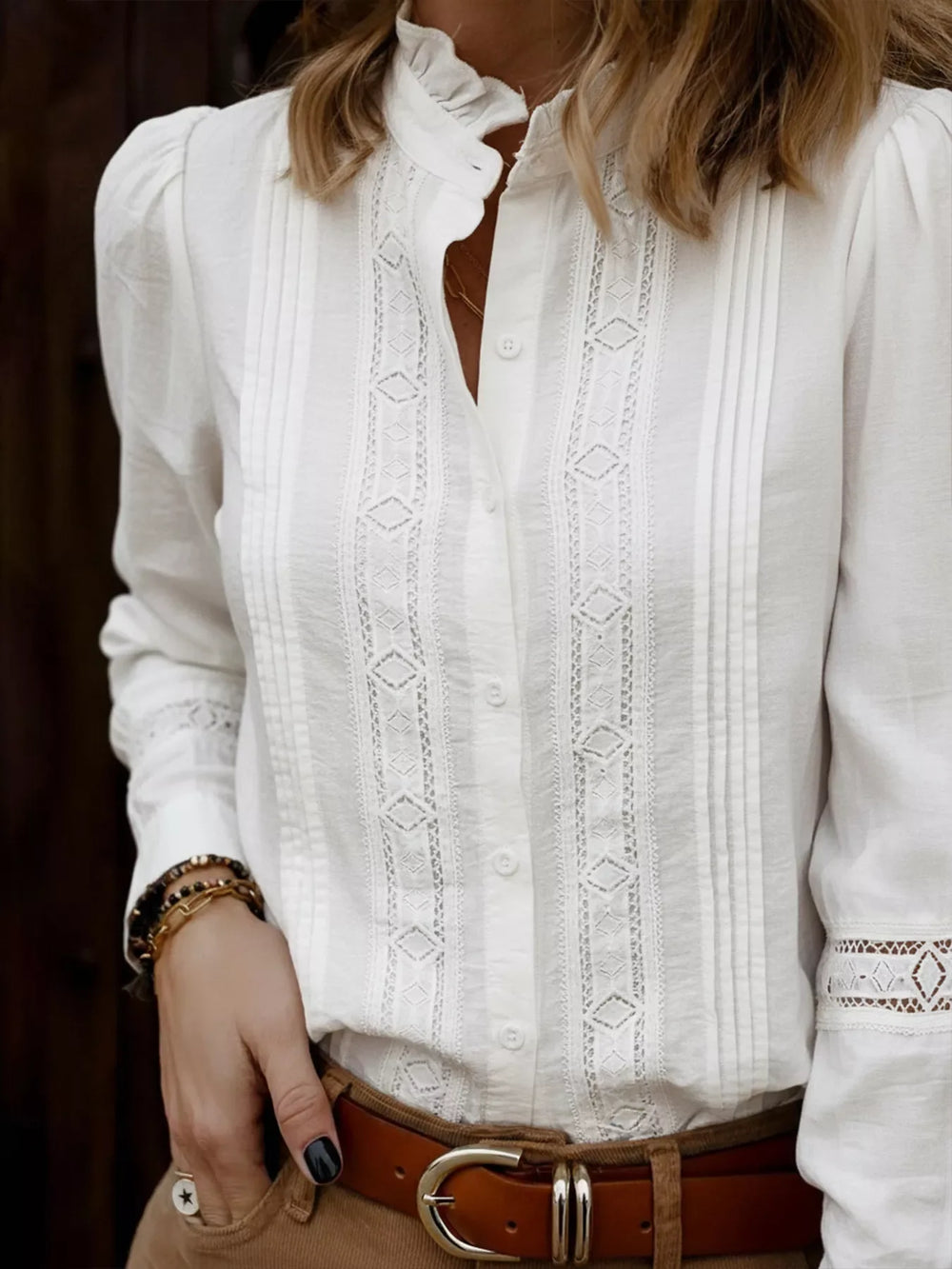Lace Trim Long Sleeve Shirt - Trendsi - Flyclothing LLC