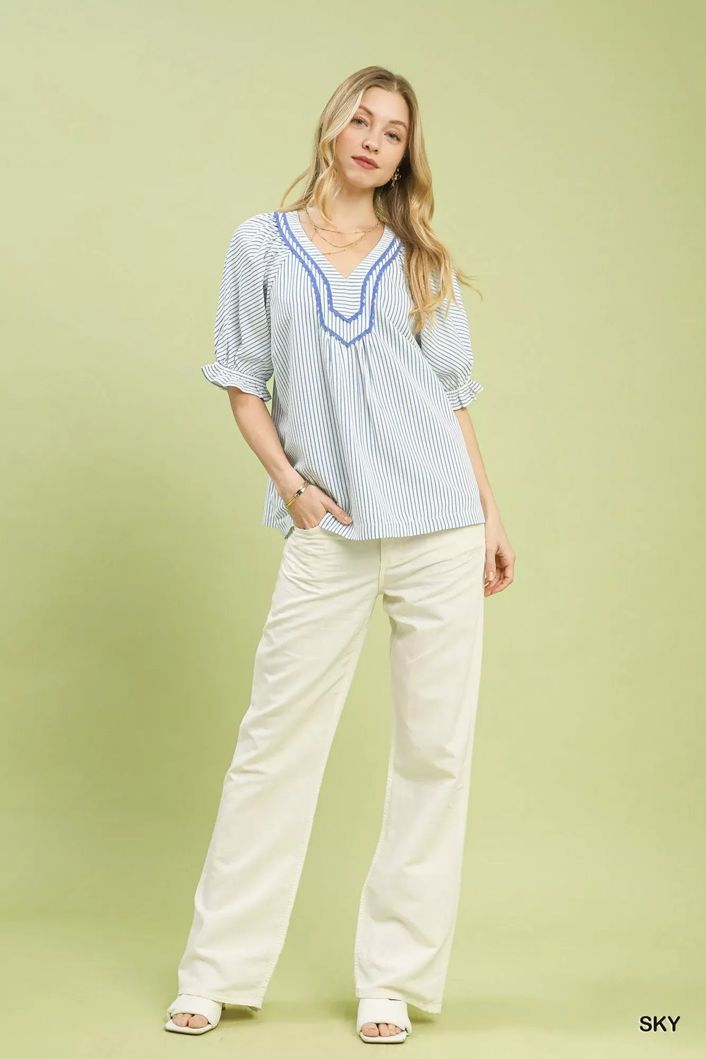 Umgee Stripe V-Neck Blouse - Trendsi - Flyclothing LLC