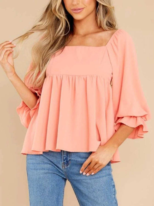 Smocked Square Neck Flounce Sleeve Blouse - Trendsi - Flyclothing LLC