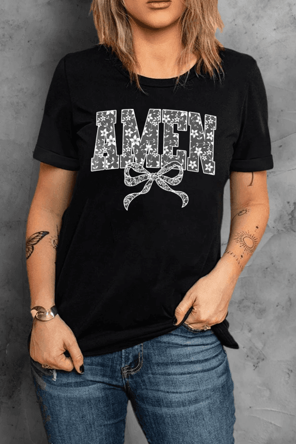 AMEN Bow Round Neck Short Sleeve T Shirt - Trendsi - Flyclothing LLC