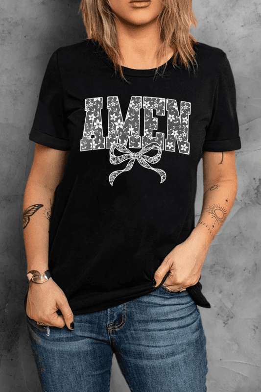 AMEN Bow Round Neck Short Sleeve T Shirt - Trendsi - Flyclothing LLC