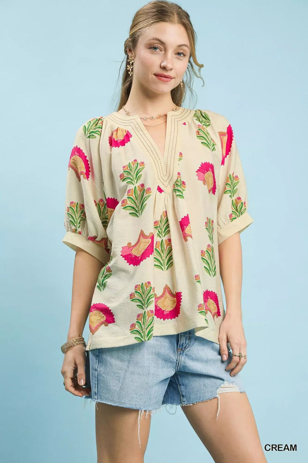 Umgee Abstract Print Blouse with Ruched Detail - Trendsi - Flyclothing LLC