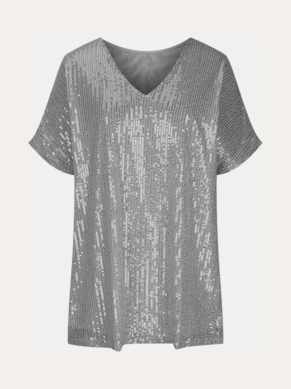 Full Size Sequin V-Neck Short Sleeve Top - Trendsi - Flyclothing LLC