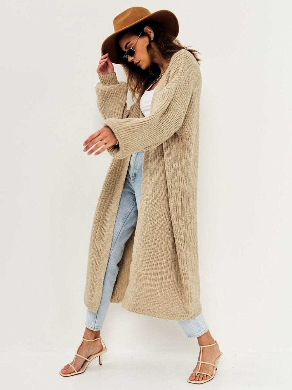 Open Front Long Sleeve Longline Cardigan - Trendsi - Flyclothing LLC