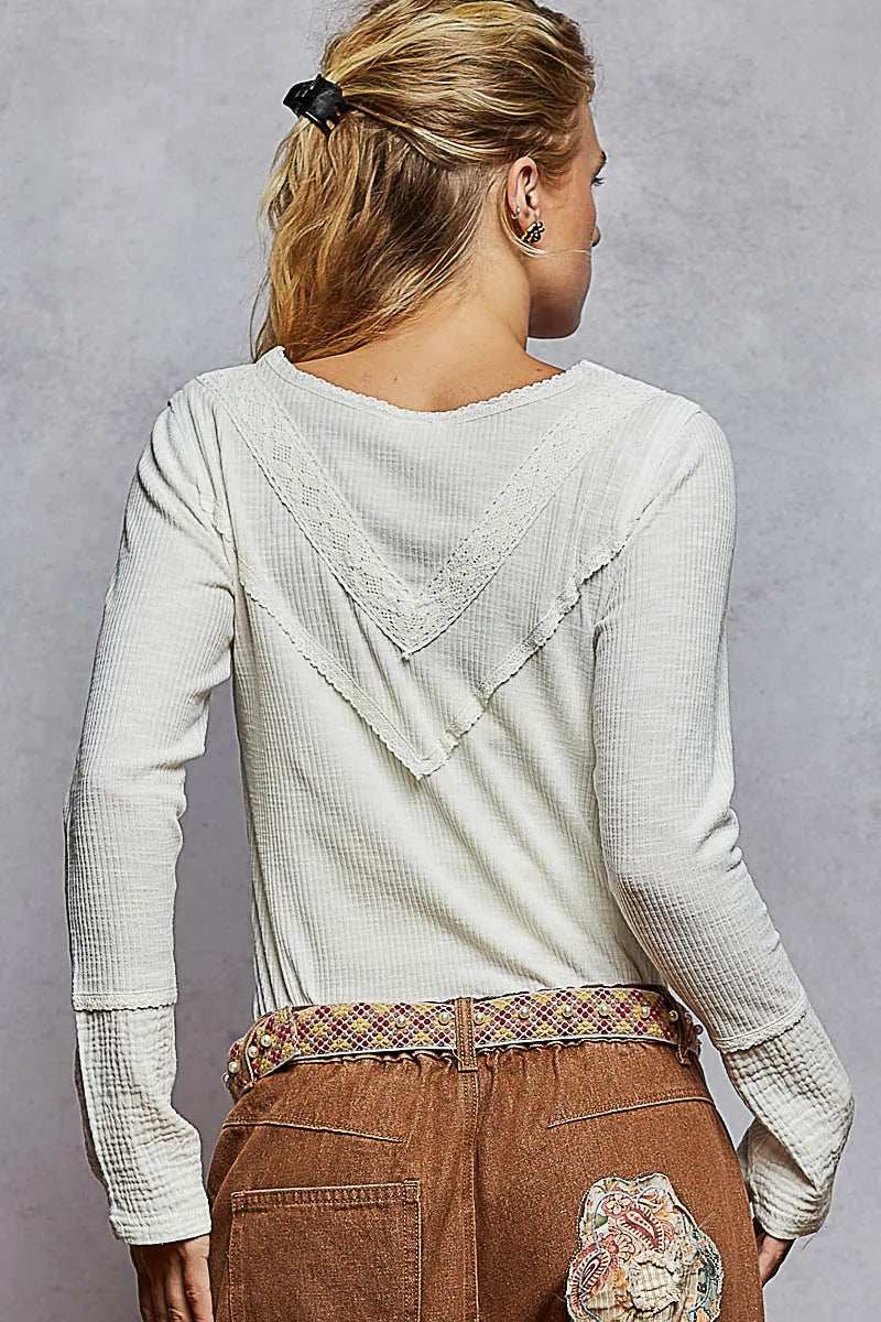POL Ribbed Half Button Lace Detail Knit Top - Trendsi - Flyclothing LLC
