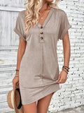 Quarter Button V-Neck Short Sleeve Dress - Trendsi - Flyclothing LLC