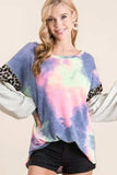 BiBi Tie Dye Terry Top with Contrast Puff Sleeves - Trendsi - Flyclothing LLC