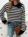 Striped Collared Neck Long Sleeve Sweater - Trendsi - Flyclothing LLC