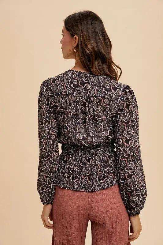 Annie Wear Abstract Print Balloon Sleeve Peplum Blouse - Trendsi - Flyclothing LLC