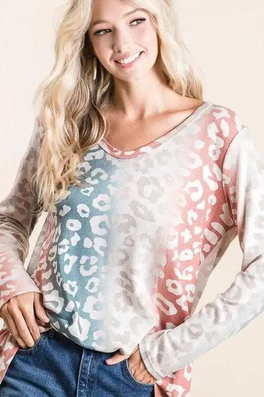 BiBi Gradation Leopard Print Textured Knit Top - Trendsi - Flyclothing LLC