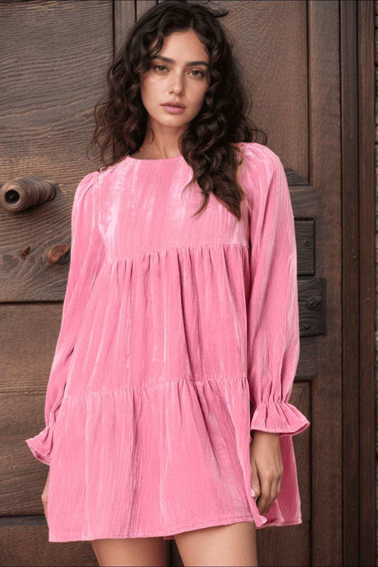 Tied Round Neck Flounce Sleeve Mini Dress - Trendsi - Flyclothing LLC