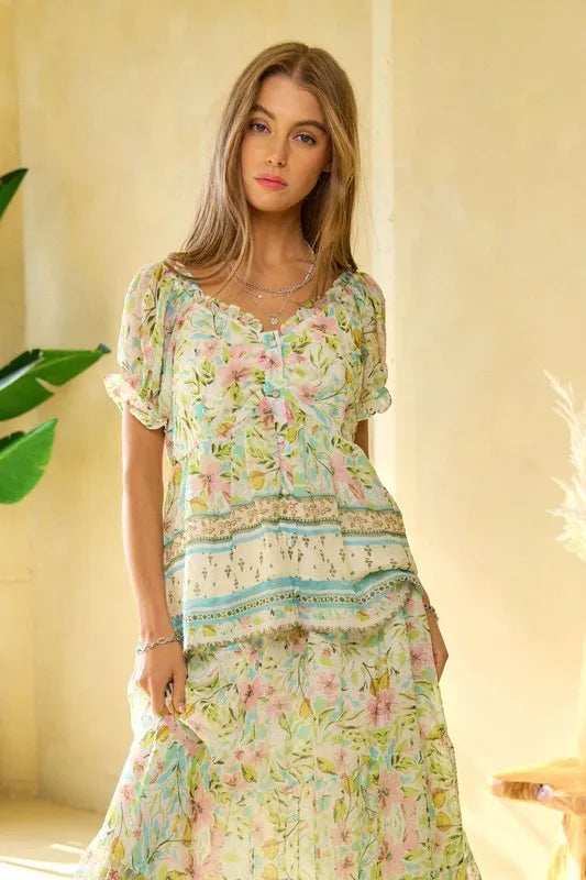 Davi & Dani Spring Floral Border Print Ruffled Textured Top - Trendsi - Flyclothing LLC
