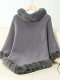 Fuzzy Trim Texture Three-Quarter Sleeve Poncho - Trendsi - Flyclothing LLC