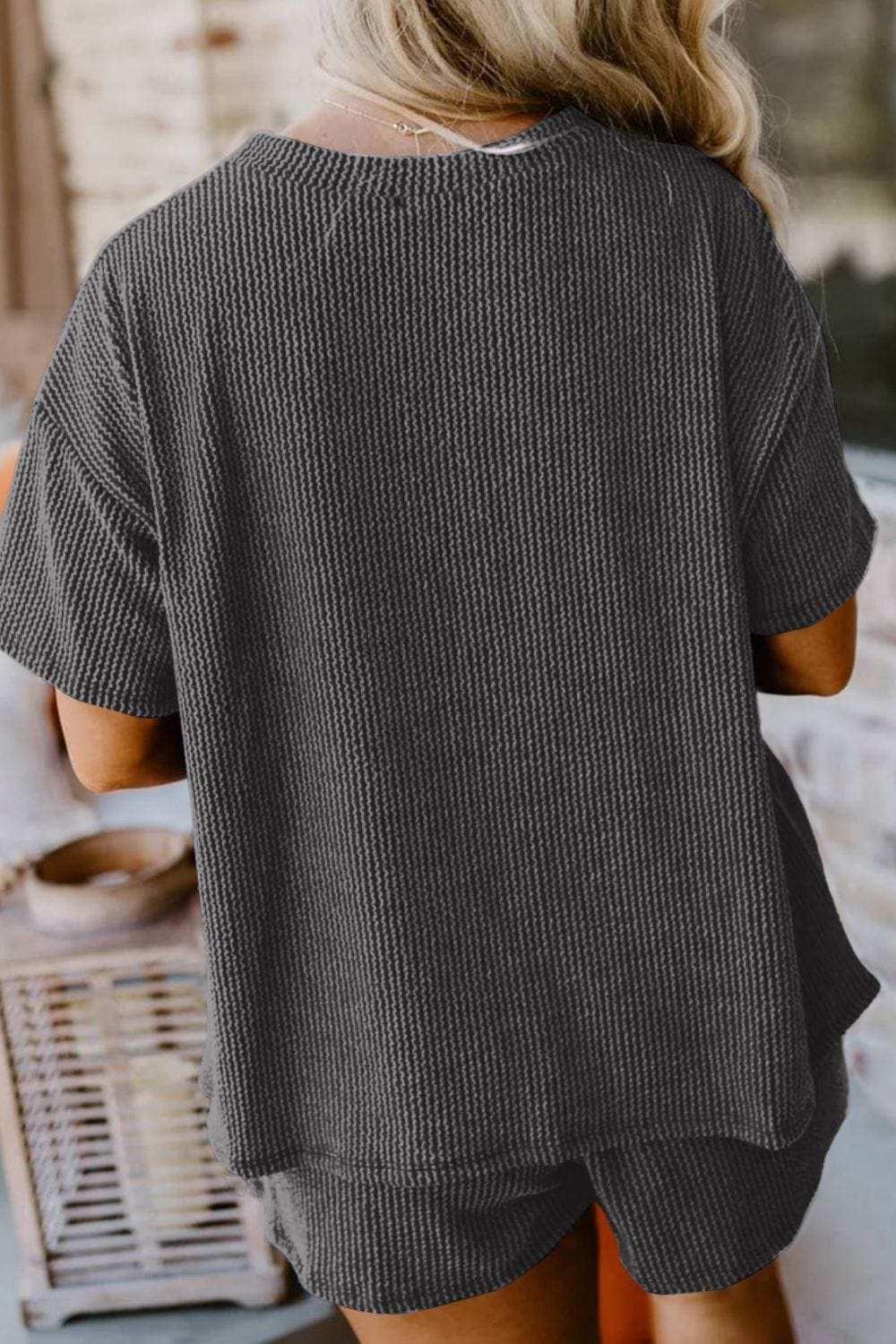 Textured Round Neck Top and Shorts Set - Trendsi - Flyclothing LLC