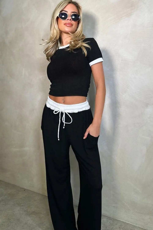 Contrast Trim Round Neck Top and Pants Set - Trendsi - Flyclothing LLC